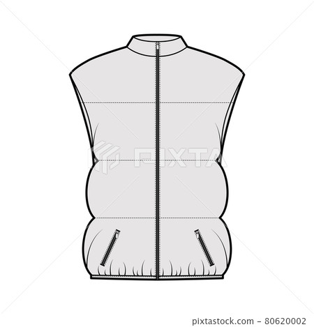 Down vest puffer waistcoat technical fashion illustration with sleeveless, stand collar, pockets, oversized, hip length 80620002