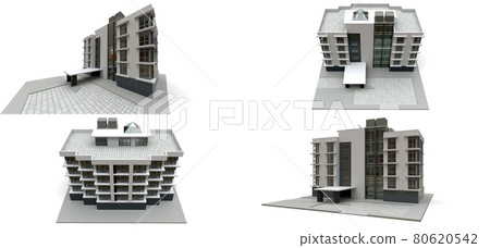 3d illustration. Small white-gray condominium with elevator and garage. 3d rendering. 80620542