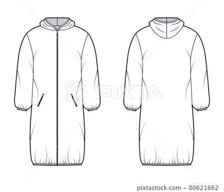 Hooded jacket Down puffer coat technical fashion illustration with zip-up closure, pockets, boxy fit, knee length Hooded jacket Down puffer coat technical fashion illustration with zip-up closure, pockets, boxy fit, knee length 80621662