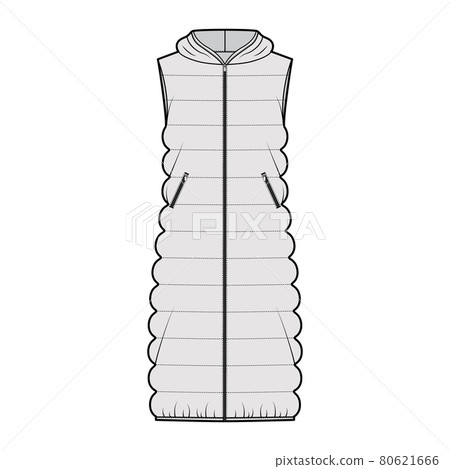 Hooded Down vest puffer waistcoat technical fashion illustration with zip-up closure, midi length, classic quilting Hooded Down vest puffer waistcoat technical fashion illustration with zip-up closure, midi length, classic quilting 80621666