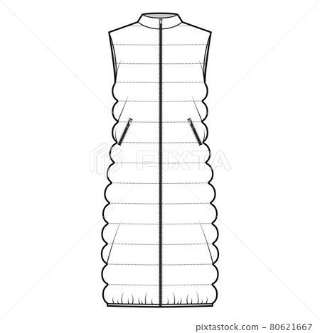 Down vest puffer waistcoat technical fashion illustration with stand collar, pockets, midi length, classic quilting Down vest puffer waistcoat technical fashion illustration with stand collar, pockets, midi length, classic quilting 80621667