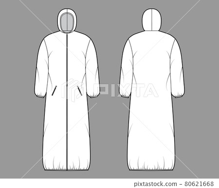 Hooded padded shell coat jacket puffer technical fashion illustration with long sleeves, maxi length, zip-up closure Hooded padded shell coat jacket puffer technical fashion illustration with long sleeves, maxi length, zip-up closure 80621668
