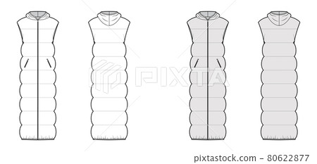 Down vest puffer waistcoat technical fashion illustration with sleeveless, hoody collar, zip-up closure, maxi length Down vest puffer waistcoat technical fashion illustration with sleeveless, hoody collar, zip-up closure, maxi length 80622877