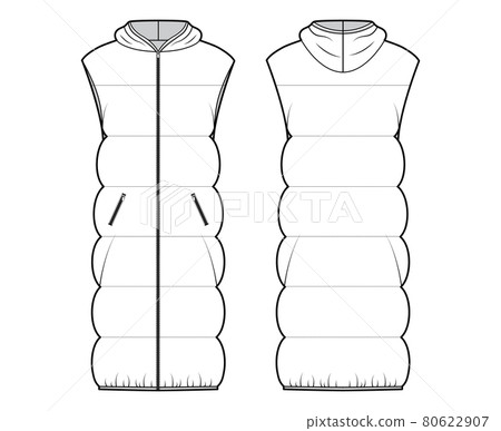 Down vest puffer waistcoat technical fashion illustration with sleeveless, hoody collar, zip-up closure, oversized 80622907