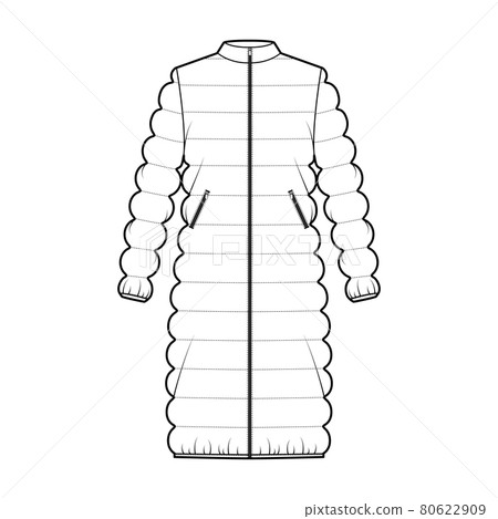 Coat quilted shell down jacket puffer technical fashion illustration with long sleeves, collar, zip-up closure, pockets 80622909