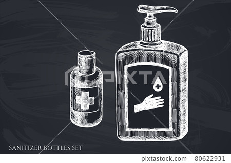 Vector set of hand drawn chalk sanitizer bottles Vector set of hand drawn chalk sanitizer bottles 80622931