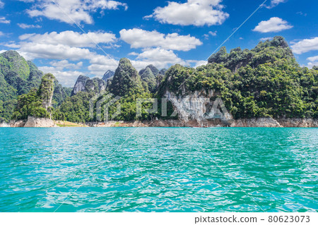 Lake with mountains at Ratchaprapha Dam or Khao Sok National Park, Surat Thailand 80623073