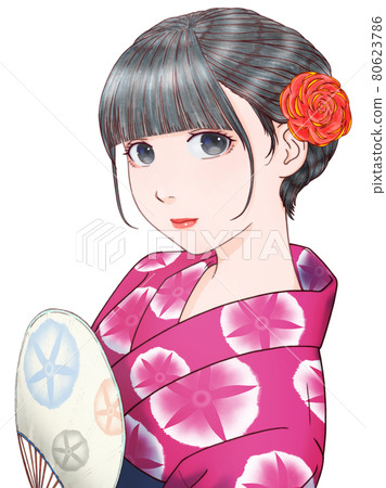 一位身著紅紫色浴衣、手拿扇子的女人,顏色顛倒的牽牛花圖案 一位身著紅紫色浴衣、手拿扇子的女人,顏色顛倒的牽牛花圖案 80623786