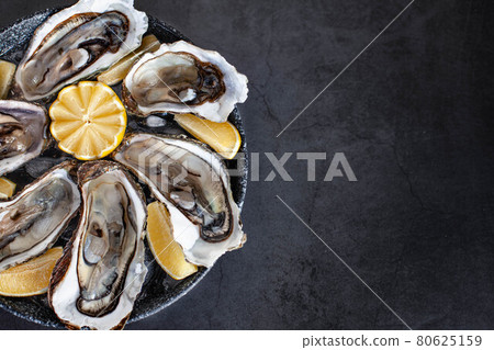 Opened oysters on plate with Lemon and ice Opened oysters on plate with Lemon and ice 80625159