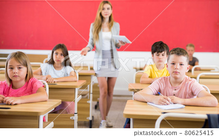 Schoolchildren listening to teacher Schoolchildren listening to teacher 80625415