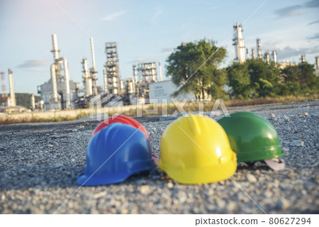 Construction hard hat safety tools equipment for workers in construction site for engineering protection head standard. Many hard hat helmet on row with copy space. Engineering Construction Concept 80627294