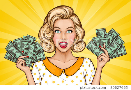 Vector pop art enthusiastic girl with money bills Vector pop art enthusiastic girl with money bills 80627665