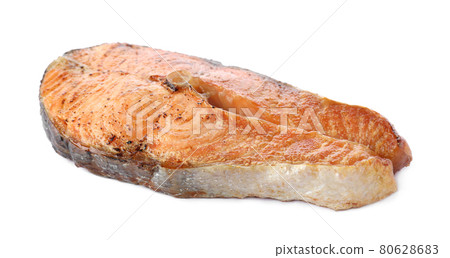 Tasty roasted salmon isolated on white. Fish delicacy Tasty roasted salmon isolated on white. Fish delicacy 80628683