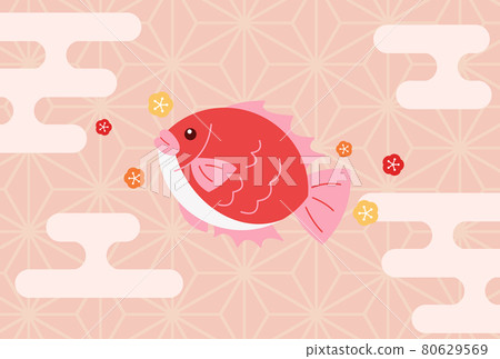 New Year's card template, sea bream and hemp leaf pattern, horizontal position, no greeting 80629569