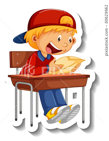Sticker template with a boy reading a book cartoon character isolated Sticker template with a boy reading a book cartoon character isolated 80629962