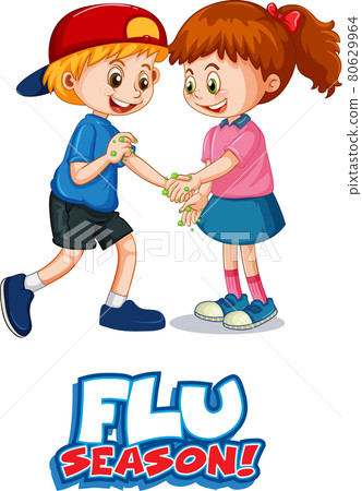 Two kids cartoon character do not keep social distance with Flu season font isolated on white background Two kids cartoon character do not keep social distance with Flu season font isolated on white background 80629964