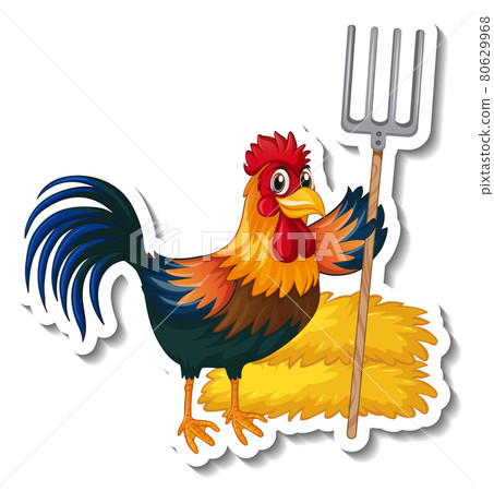 Sticker template with a chicken holding rake cartoon character isolated 80629968