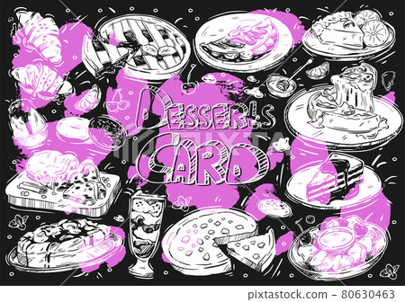 Hand drawn vector illustration food on black board. Doodle desserts menu: cheesecake, croissant, blueberry sorbet, pancakes with banana, donuts, raisin pie, cherry, lemon, mint, honey Hand drawn vector illustration food on black board. Doodle desserts menu: cheesecake, croissant, blueberry sorbet, pancakes with banana, donuts, raisin pie, cherry, lemon, mint, honey 80630463