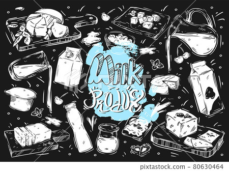 Hand drawn vector illustration food and drink on black board. Doodle milk product: milk, yogurt, cheese, butter, cottage cheese, whey, ingredients, kefir, packaging 80630464