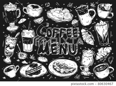 Hand drawn vector illustration food and drink on black board. Doodle coffee menu: americano, cappuccino, latte macchiato, frappe, mocaccino, cheesecake, croissant, desserts 80630467