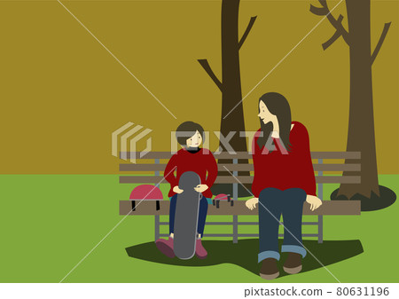 Illustration of a parent and child talking on a bench before practicing skateboarding in the park (with background and copy space) Illustration of a parent and child talking on a bench before practicing skateboarding in the park (with background and copy space) 80631196