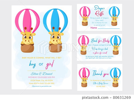 Baby Shower printable party invitation card template Baby boy or girl with Diaper Raffle, Book for baby and Thank you card. Invitation set with cute little giraffe flying on hot air balloon. 80631269