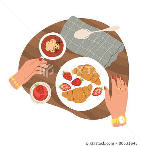 Hands and breakfast. Top view morning meals, croissants with strawberry and jam. Cup of spiced coffee or tea, character takes pastries for lunch in cafe vector cartoon isolated illustration Hands and breakfast. Top view morning meals, croissants with strawberry and jam. Cup of spiced coffee or tea, character takes pastries for lunch in cafe vector cartoon isolated illustration 80631643