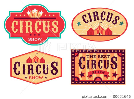 Emblems circus. Fun carnival festival, retro paper signboard, invitational banners and posters event labels. Red colors, striped tents and letterings on ribbons vector cartoon isolated set 80631646