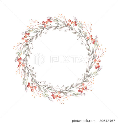 Watercolor autumn wreath illustration.Floral frame with gold branches, leaves and berries. Set of autumn forest plants. Collection of herbarium garden. Watercolor autumn wreath illustration.Floral frame with gold branches, leaves and berries. Set of autumn forest plants. Collection of herbarium garden. 80632567