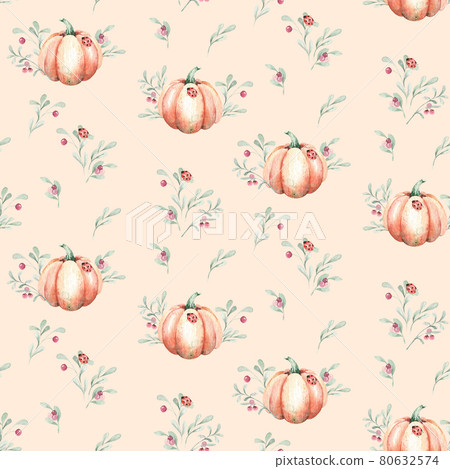 Watercolor autumn seamless pattern with mashrooms, branches, leaves and berries. Set of autumn forest plants. Collection of herbarium garden. Watercolor autumn seamless pattern with mashrooms, branches, leaves and berries. Set of autumn forest plants. Collection of herbarium garden. 80632574