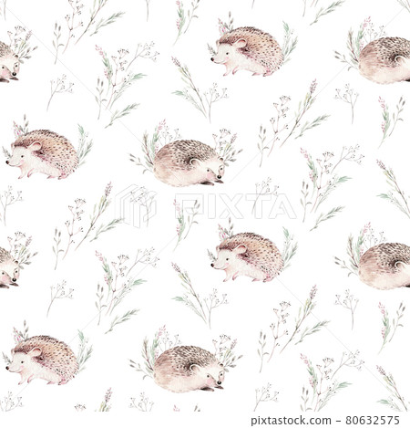 Watercolor autumn seamless pattern with hedgehog, mashrooms, branches, leaves and berries. Set of autumn forest plants. Collection of herbarium garden. Watercolor autumn seamless pattern with hedgehog, mashrooms, branches, leaves and berries. Set of autumn forest plants. Collection of herbarium garden. 80632575