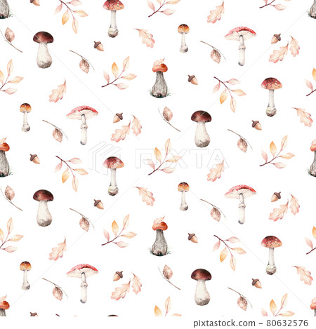 Watercolor autumn seamless pattern with mashrooms, branches, leaves and berries. Set of autumn forest plants. Collection of herbarium garden. Watercolor autumn seamless pattern with mashrooms, branches, leaves and berries. Set of autumn forest plants. Collection of herbarium garden. 80632576