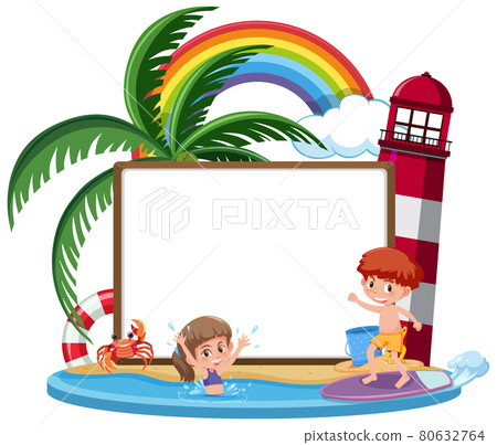 Blank banner template on the island with lighthouse isolated 80632764