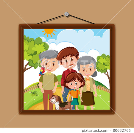 Happy family in the park scene photo in a frame hanging on the wall 80632765