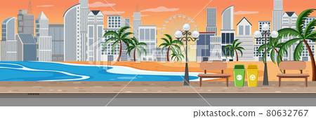 Beach at sunset scene with cityscape horizontal background 80632767