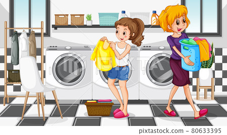 Laundry room scene with two women cartoon character Laundry room scene with two women cartoon character 80633395