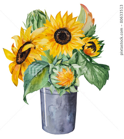 Watercolor autumn bouquet made of sunflowers and leaves isolated Watercolor autumn bouquet made of sunflowers and leaves isolated 80633513