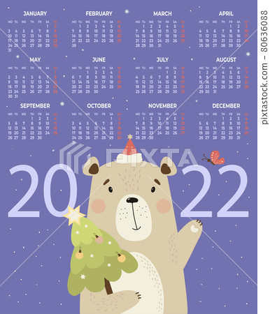 Calendar for 2022 with Cute bear Santa and Christmas tree. Vector illustration. Vertical calendar template A3 for 12 months in English. Week starts From Monday. Stationery, printing, organizer, decor 80636088