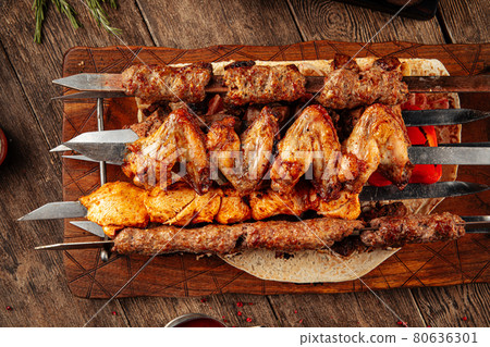 Assorted shashlik skewers with different meat 80636301