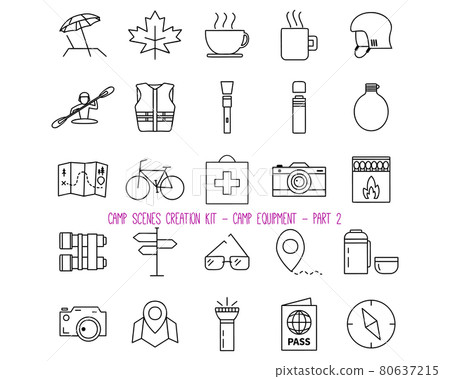 Set of various camping equipment icons. Part 2 Set of various camping equipment icons. Part 2 80637215