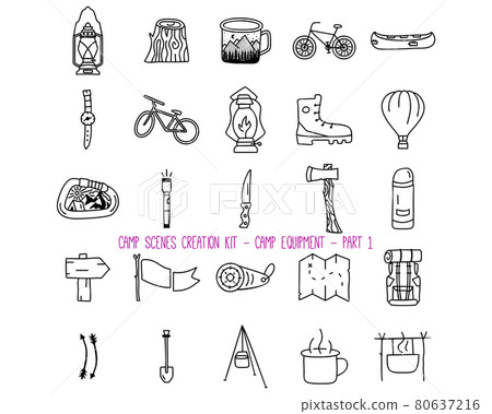 Set of various camping equipment icons Set of various camping equipment icons 80637216