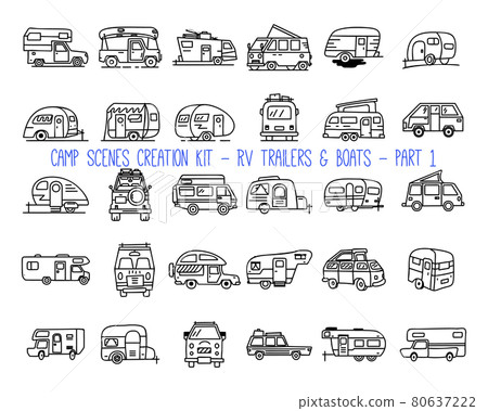 Set of linear icons of camper trailers 80637222