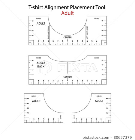 T shirt Ruler Bundle. T-shirt Alignment Placement Tool Adult - front, back, left and right sides. Printable templates. Stock illustration 80637379