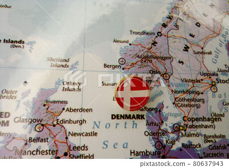Drawing pin flag of Denmark on the map Drawing pin flag of Denmark on the map 80637943
