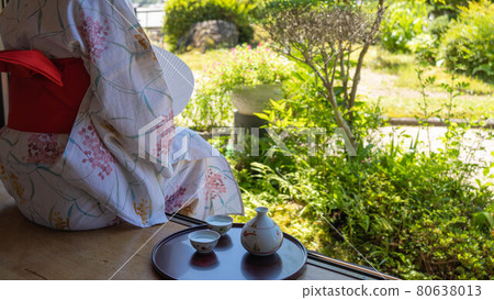 Image of summer in Japan | Back view of a Japanese woman wearing a yukata. Drink sake on the porch. Image of summer in Japan | Back view of a Japanese woman wearing a yukata. Drink sake on the porch. 80638013