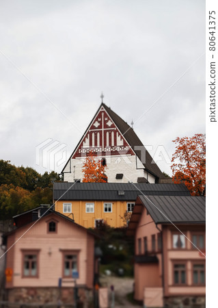 View of old Porvoo, Finland. Beautiful city autumn landscape with Porvoo Cathedral and colorful wooden buildings. 80641375