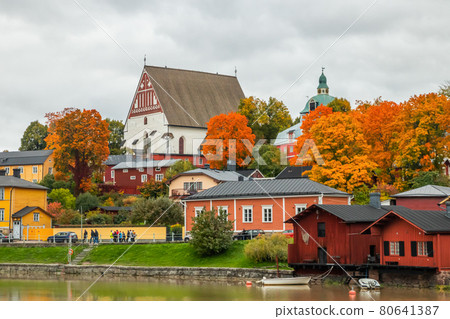 View of old Porvoo, Finland. Beautiful city autumn landscape with Porvoo Cathedral and colorful wooden buildings. View of old Porvoo, Finland. Beautiful city autumn landscape with Porvoo Cathedral and colorful wooden buildings. 80641387