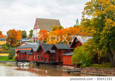 View of old Porvoo, Finland. Beautiful city autumn landscape with Porvoo Cathedral and colorful wooden buildings. View of old Porvoo, Finland. Beautiful city autumn landscape with Porvoo Cathedral and colorful wooden buildings. 80641391