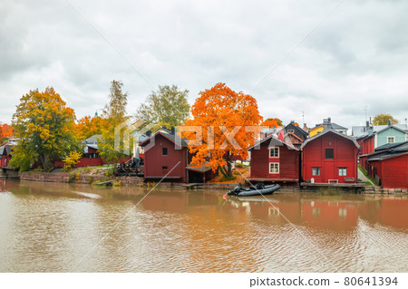 View of old Porvoo, Finland. Beautiful city autumn landscape with colorful wooden buildings. View of old Porvoo, Finland. Beautiful city autumn landscape with colorful wooden buildings. 80641394