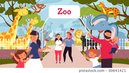 Family in zoo. Smiling cartoon kids, walking in park with parents. Safari in city, giraffe monkey elephant. Wild animal and people decent vector scene 80641421